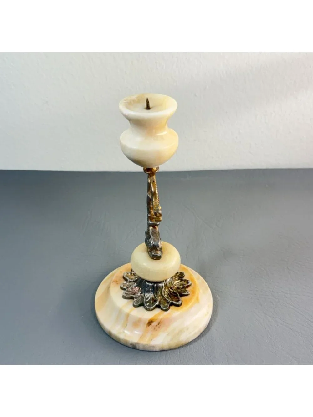 Vintage Onyx Marble Brass Dolphin Candlestick Hollywood Regency Pricket 8